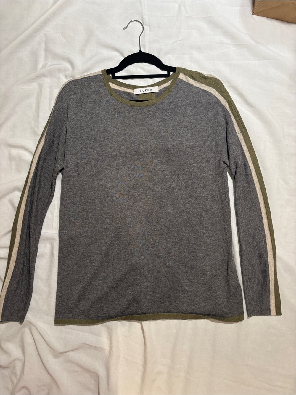Kokun Women's Gray Crewneck Sweater with Olive and Cream Stripe Detail